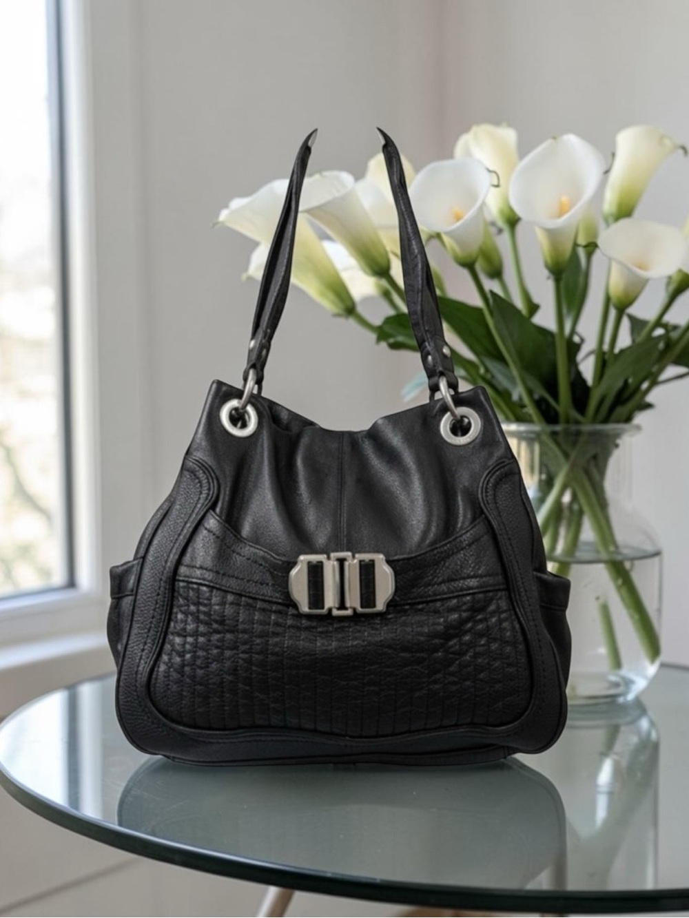 B. Makowsky EUC Black Leather Shoulder Bag - Classic Pebbled Leather